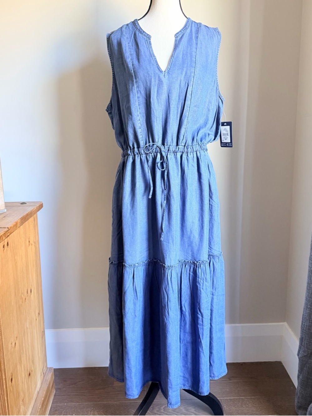 Sleeveless Denim Tiered Drawstring Waist Dress Size XL